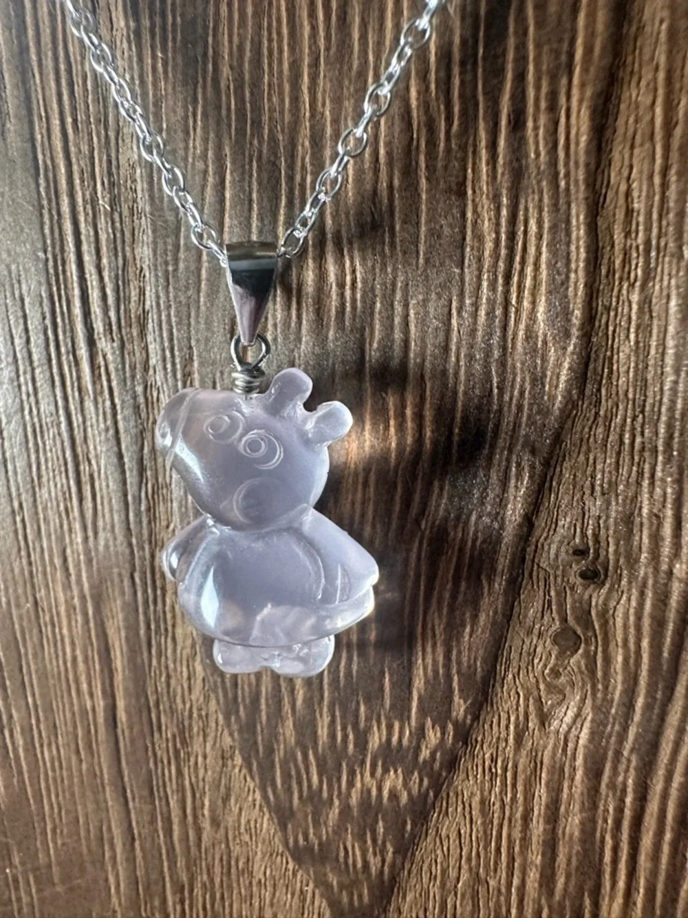 Light Pink Rose Quartz Peppa Pig Pendant Necklace, Sterling Silver Bail - Picture 7 of 10